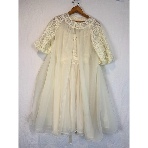 Vintage Sz 32 Bridal Robe Vanity Fair Ivory Sheer Chiffon Nightgown Peignoir S - Picture 3 of 9